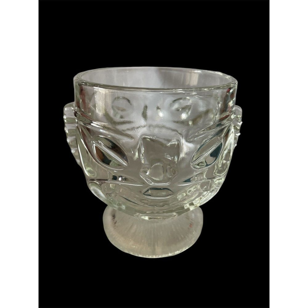 Vintage Indiana Glass Hawaiian Tiki Head Happy / Sad Face‎ Clear Mug Goblet USA
